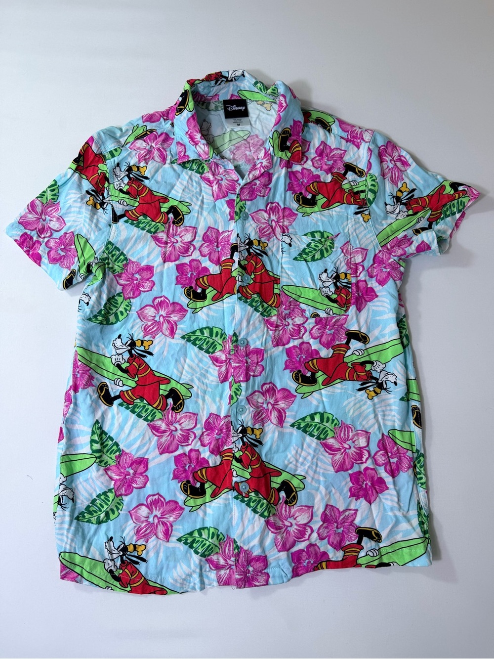 Disney Men’s Light Blue Hawaiian Shirt with Pink Floral & Red Goofy Print Medium